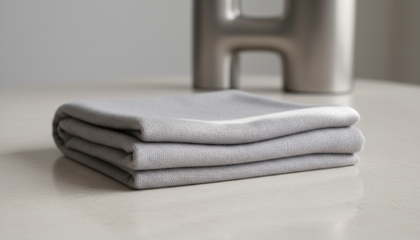 A perfectly folded, pure cashmere scarf in understated dove gray, showcased on an expanse of smooth, pale stone. The scarf’s fine weave and plush texture are accentuated by subtle gradients in the lighting, with soft overcast light creating calm highlights and natural, gentle shadowing beneath the folds. In the background, a blurred touch of matte metallic decor keeps the setting clean and uncluttered. Taken from a slightly elevated angle with a shallow depth of field, the mood is quiet luxury and refined comfort. Photorealistic and minimal, the image conveys sophistication suitable for a high-end fashion store.