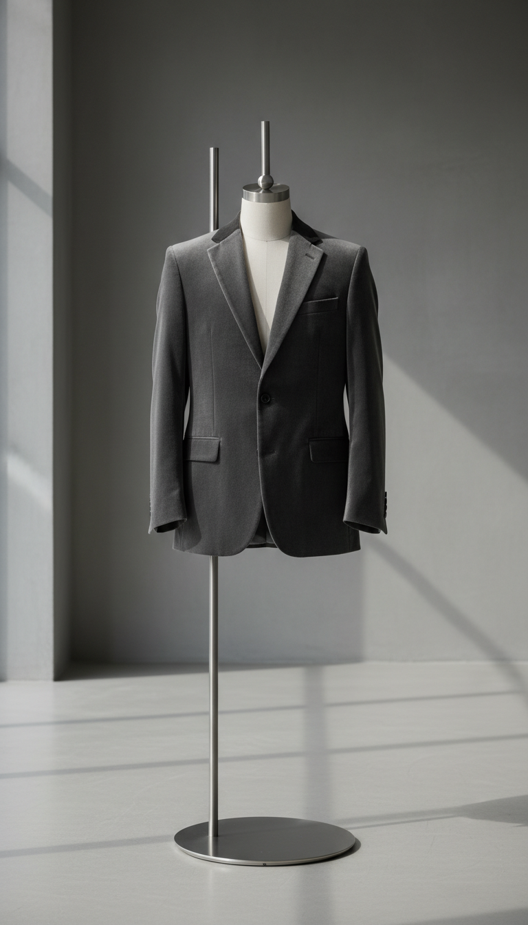 A tailored charcoal velvet blazer draped elegantly on a minimalist brushed metal mannequin stand. The blazer features refined stitching, luxurious sheen, and subtle matte black buttons, exuding sophistication. Positioned in an airy studio space with a muted grey backdrop and a hint of soft shadow, the composition uses clean lines and negative space to convey exclusivity. Gentle diffused morning light streams from one side, creating delicate highlights and a graceful gradient on the fabric. Captured at eye level with a centered composition and sharp focus, the atmosphere is serene and elevated. The style is photographic realism with minimalist details, perfectly supporting a modern luxury clothing store image.