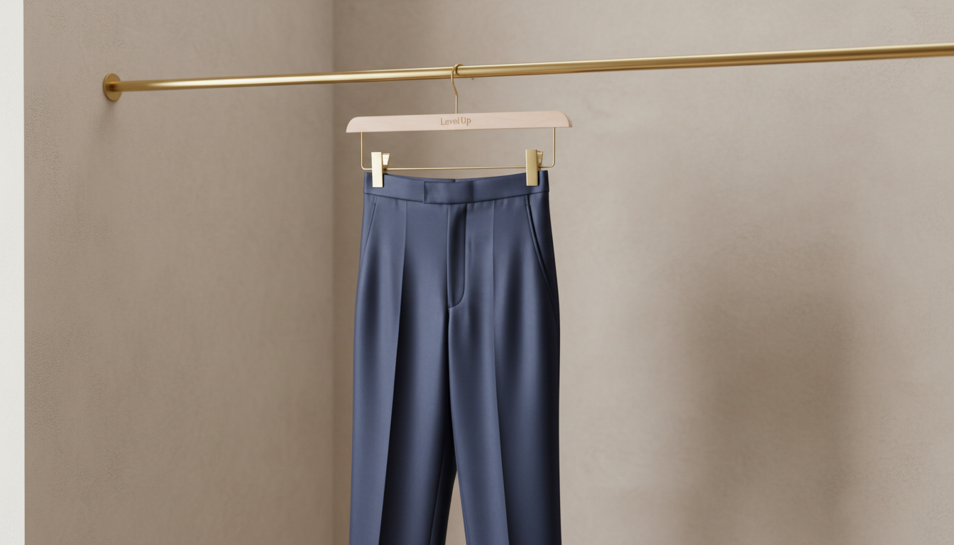 A single pair of navy blue silk trousers, meticulously pressed with sharp, clean lines, displayed suspended over a minimalist, pale wooden hanger. The setting is a sleek, neutral-toned dressing room corner, with a hint of textured beige wall and a small, custom gold rail. Soft, ambient studio lighting washes evenly across the trousers, emphasizing their rich color and smooth, luxurious drape, with subtle gradients and gentle shadows. The composition uses rule-of-thirds framing with a hint of blurred background, creating a balanced and understated mood. The image is clean, elegant, and photorealistic—representing polished luxury for the Level Up clothing store.