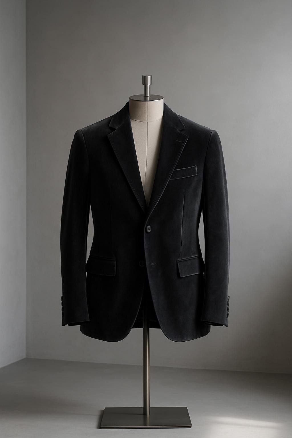 A tailored charcoal velvet blazer draped elegantly on a minimalist brushed metal mannequin stand. The blazer features refined stitching, luxurious sheen, and subtle matte black buttons, exuding sophistication. Positioned in an airy studio space with a muted grey backdrop and a hint of soft shadow, the composition uses clean lines and negative space to convey exclusivity. Gentle diffused morning light streams from one side, creating delicate highlights and a graceful gradient on the fabric. Captured at eye level with a centered composition and sharp focus, the atmosphere is serene and elevated. The style is photographic realism with minimalist details, perfectly supporting a modern luxury clothing store image.